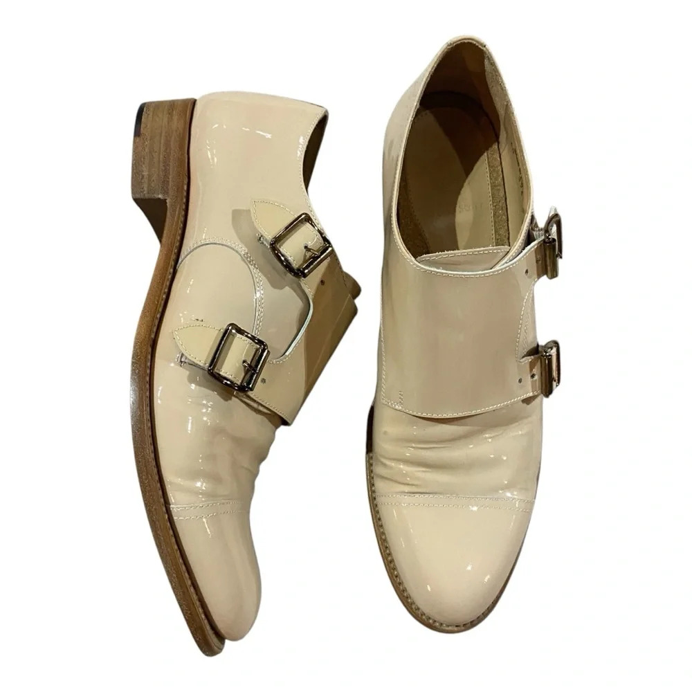 Patent Leather Double Monk Strap Flats in Cream